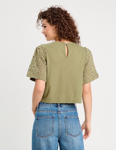 T-shirt macramé col rond vert kaki femme