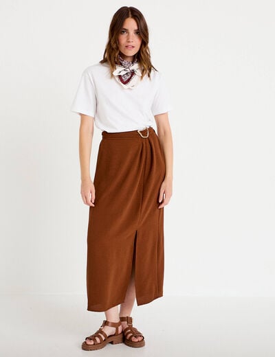 Jupe longue pliss&eacute;e avec bijou marron femme