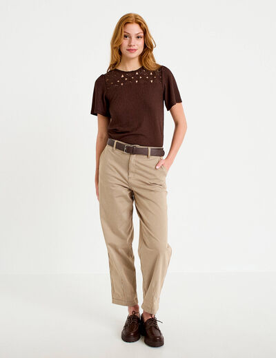 Pantalon chino 7/8&egrave;me taille &eacute;lastiqu&eacute;e taupe femme