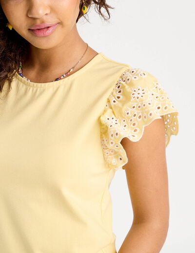 T-shirt manches brodées jaune clair femme