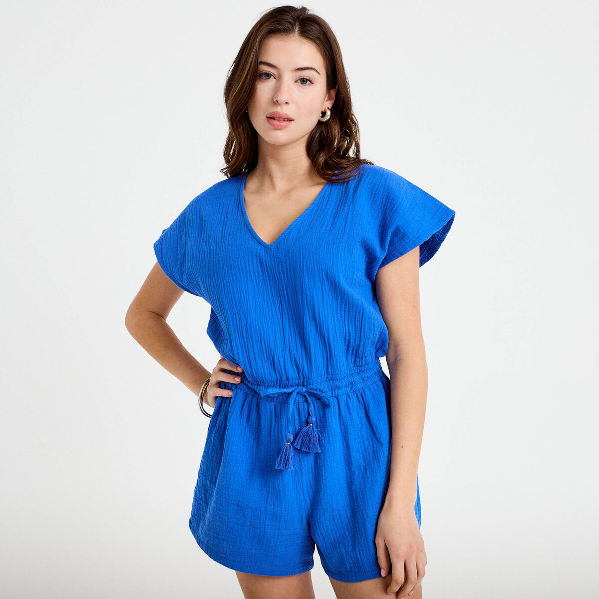 Combishort pliss&eacute; bleu electrique femme