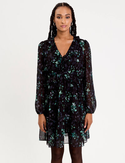 Robe courte &eacute;vas&eacute;e col V manches longues noir femme
