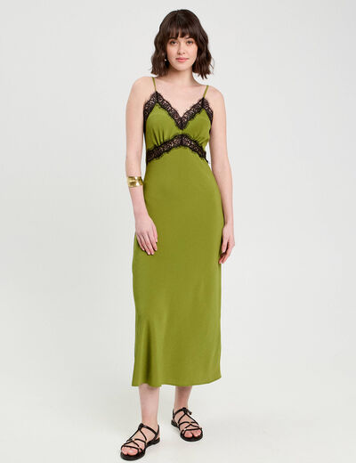 Robe longue ajustée dentelle vert foncé femme