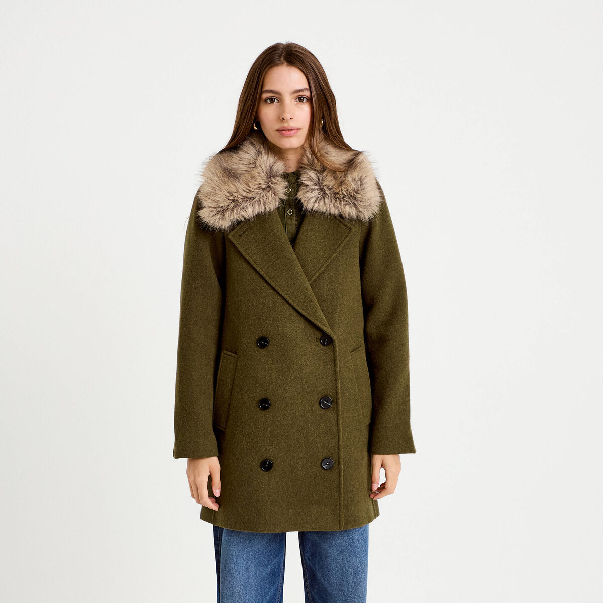 Manteau droit mi-long col tailleur vert kaki femme