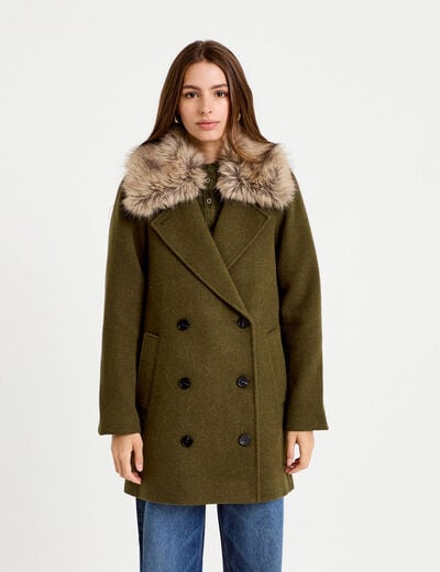 Manteau droit mi-long col tailleur vert kaki femme