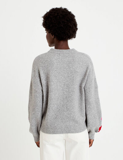Pull oversize broderie col rond gris clair femme