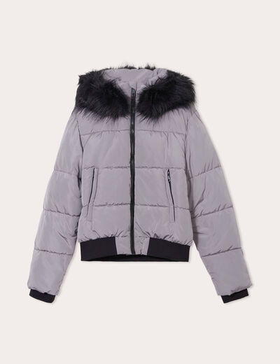Doudoune à capuche fausse fourrure gris clair femme