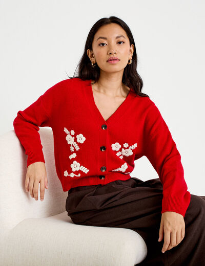 Gilet brod&eacute; col v manches longues rouge femme