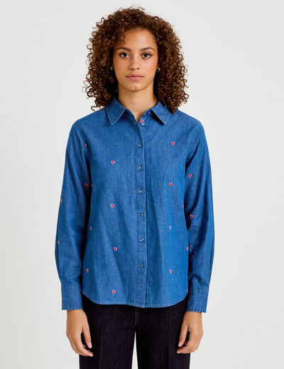 Chemise droite en jean col am&eacute;ricain denim stone femme