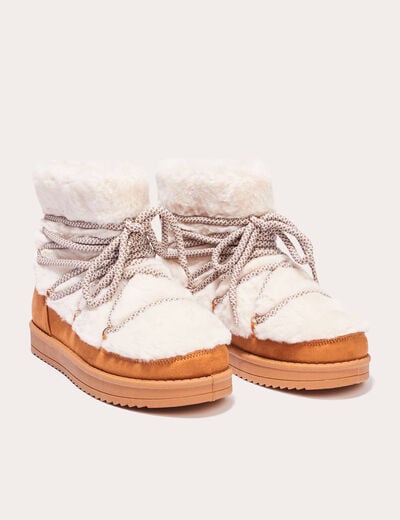 Bottines fausse fourrure à lacets camel femme