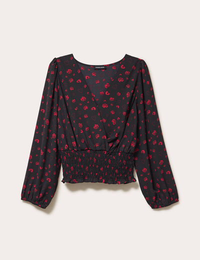 Blouse courte taille smock&eacute;e noir femme