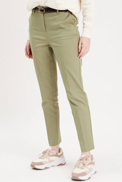 Pantalon cigarette ceinturé vert kaki femme