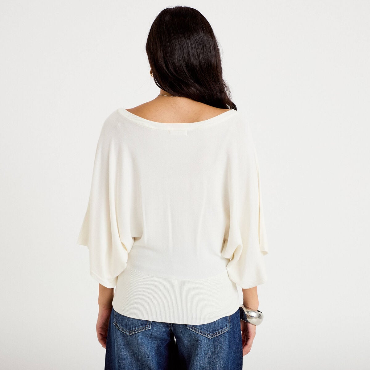 Pull ample manches courtes col rond ecru femme