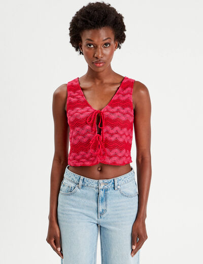 Gilet cropped crochet rose fushia femme