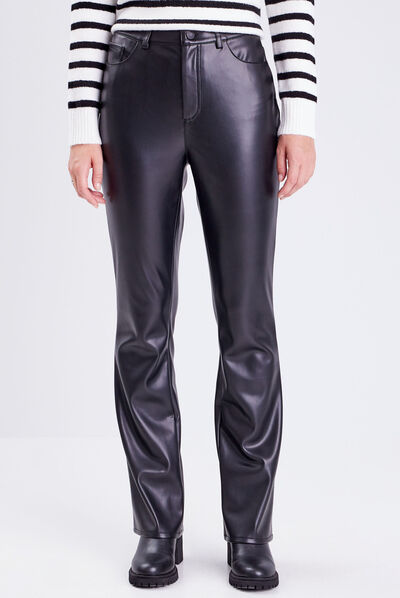 Pantalon flare simili cuir noir femme