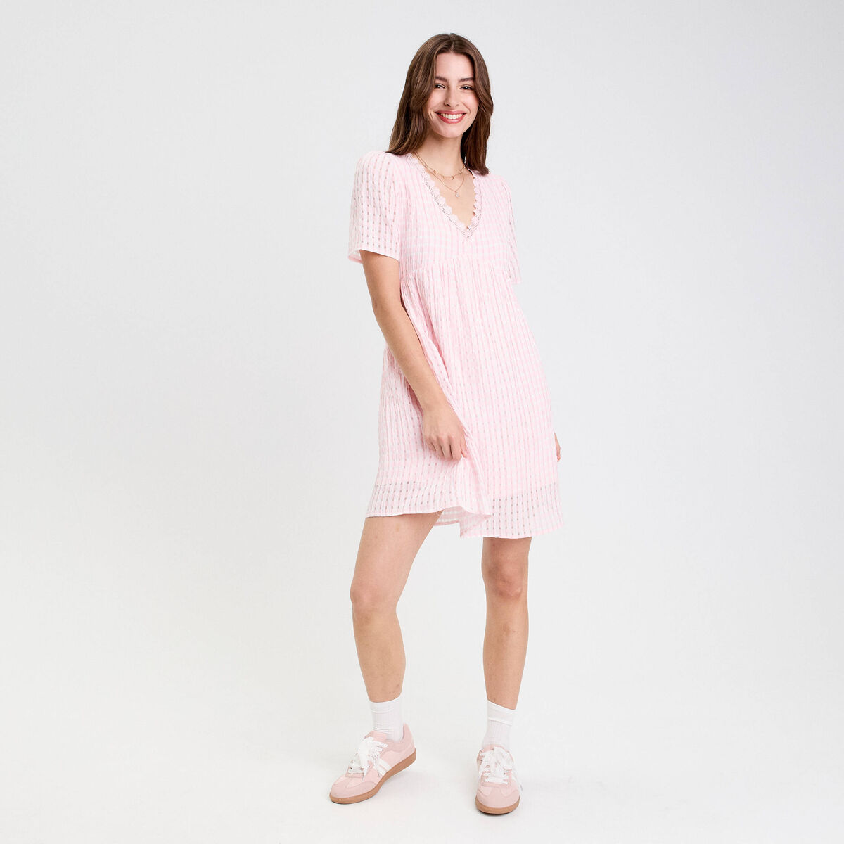 Robe évasée col V doublure viscose rose femme