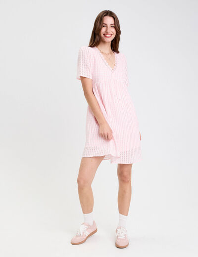 Robe évasée col V doublure viscose rose femme