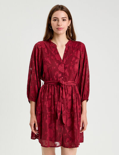 Robe chemise évasée ceinturée rouge foncé femme
