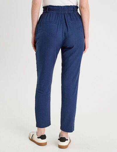 Pantalon droit fluide contenant du lin bleu foncé femme