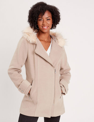 Manteau droit avec capuche beige femme