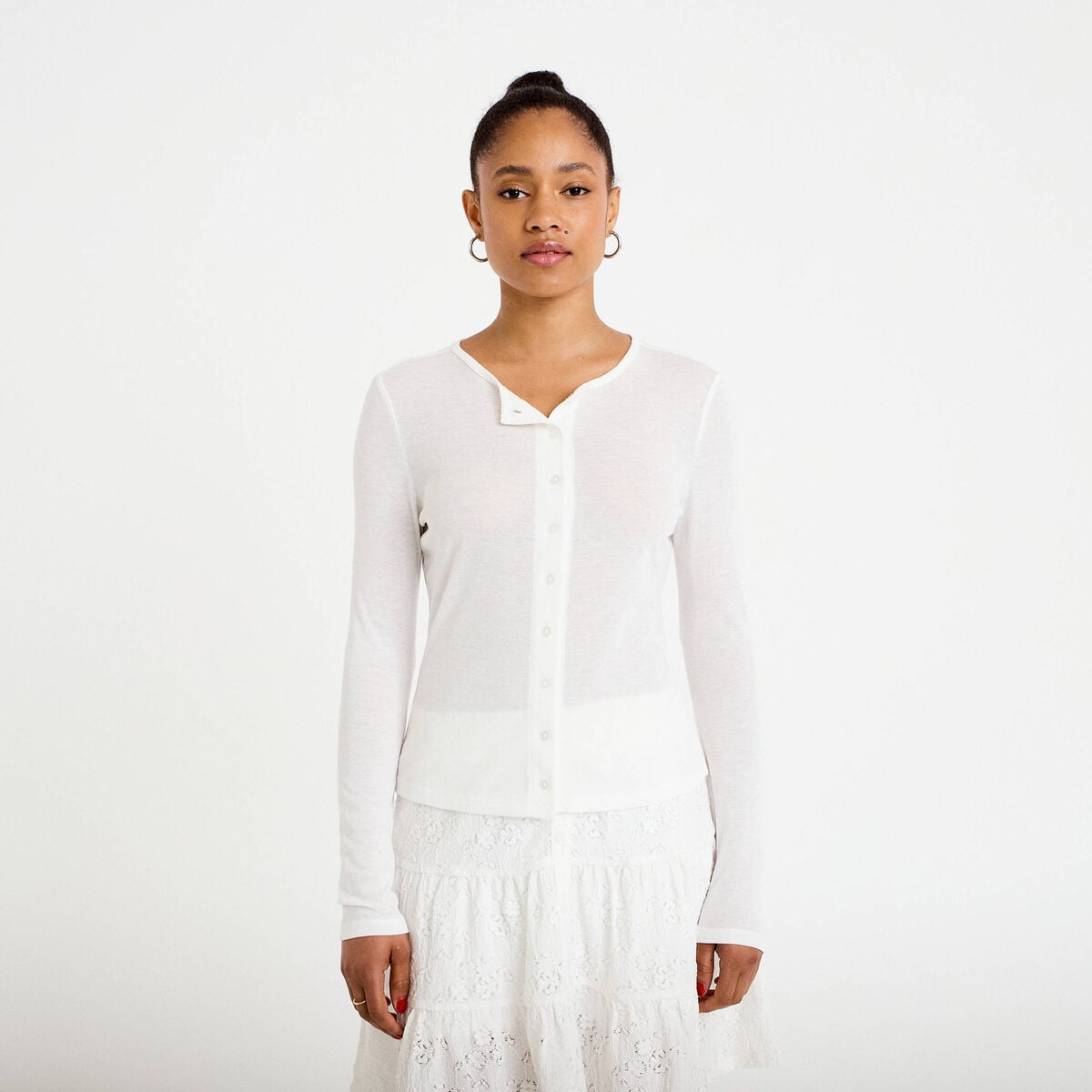 Gilet ajust&eacute; col rond manches longues ecru femme