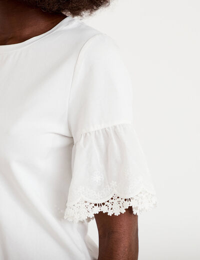 T-shirt broderie manches courtes ecru femme