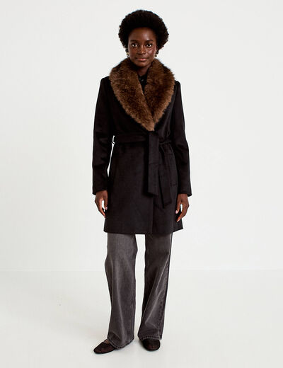 Manteau cintr&eacute; col ch&acirc;le manches longues noir femme