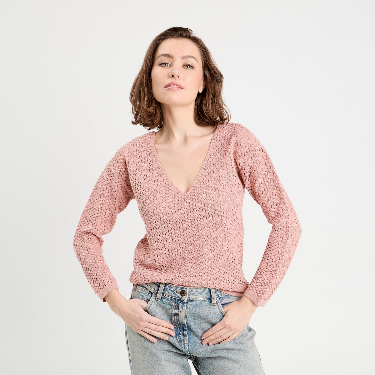 Pull ajouré manches longues rose pastel femme