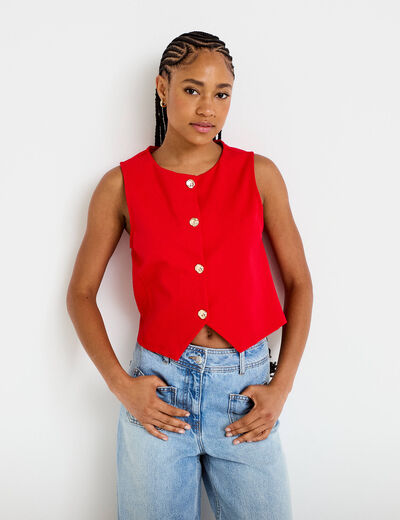 Gilet cintr&eacute; sans manches col v rouge femme