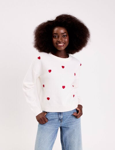 Pull &agrave; motifs coeurs ecru femme