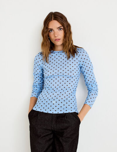 T-shirt ajust&eacute; col rond manches longues bleu ciel femme