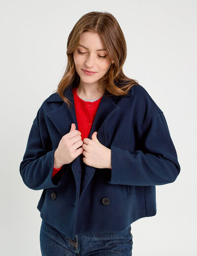 Caban court boutonné bleu marine femme