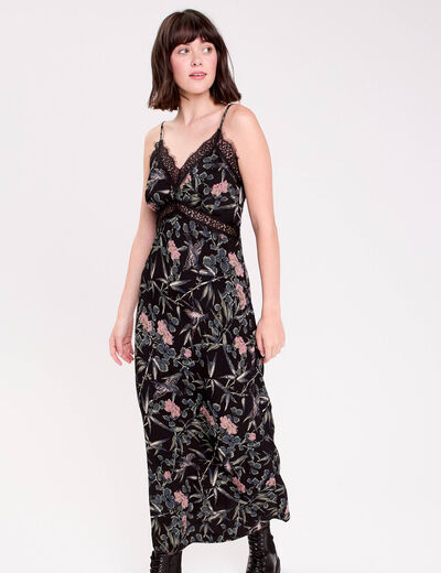 Robe longue droite col v dentelle noir femme
