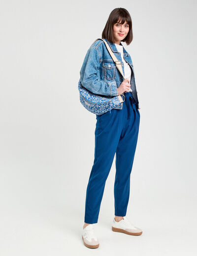 Pantalon paperbag fluide bleu marine femme