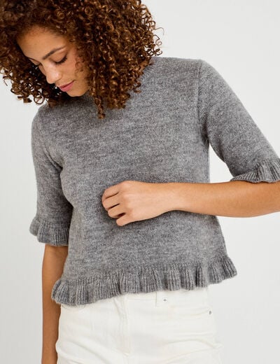Pull col rond manches courtes gris clair femme