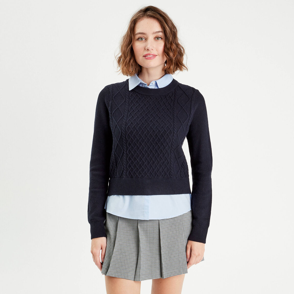 Pull chemise 2-en-1 bleu marine femme
