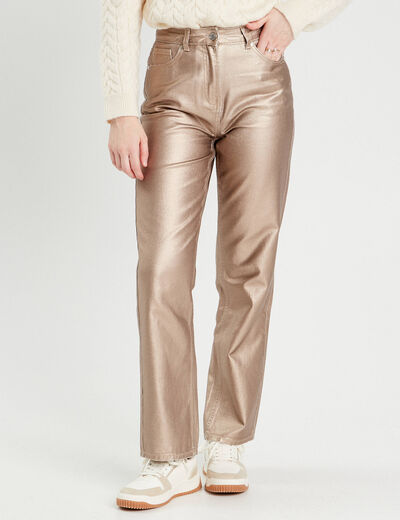 Pantalon droit enduit couleur or femme