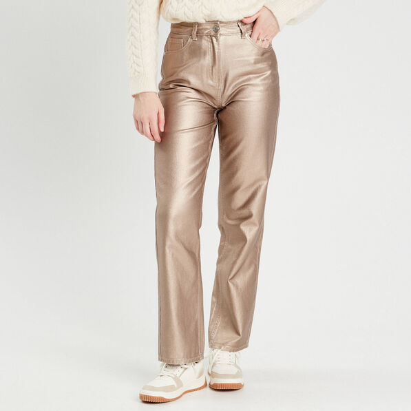pantalon droit enduit couleur or femme Pantalon droit enduit couleur or femme