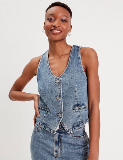 Gilet sans manches en jean denim stone femme