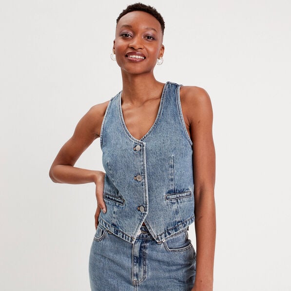 gilet sans manches en jean denim stone femme Gilet sans manches en jean denim stone femme