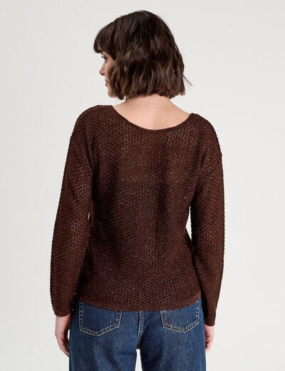 Pull ajouré manches longues marron foncé femme