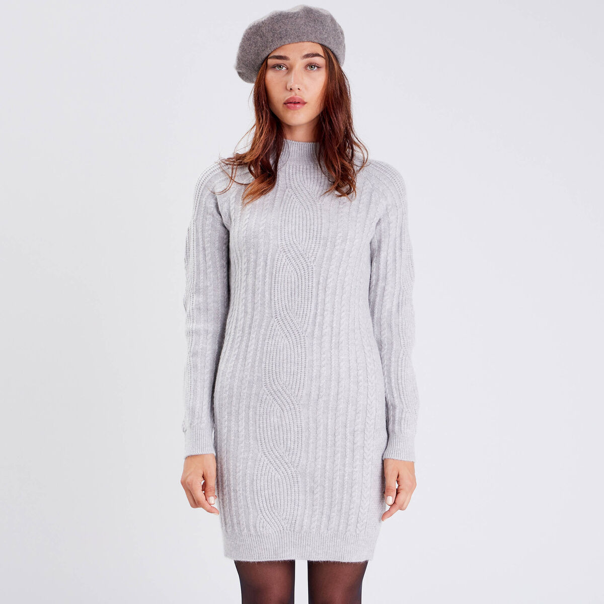 Robe pull droite col montant gris clair femme
