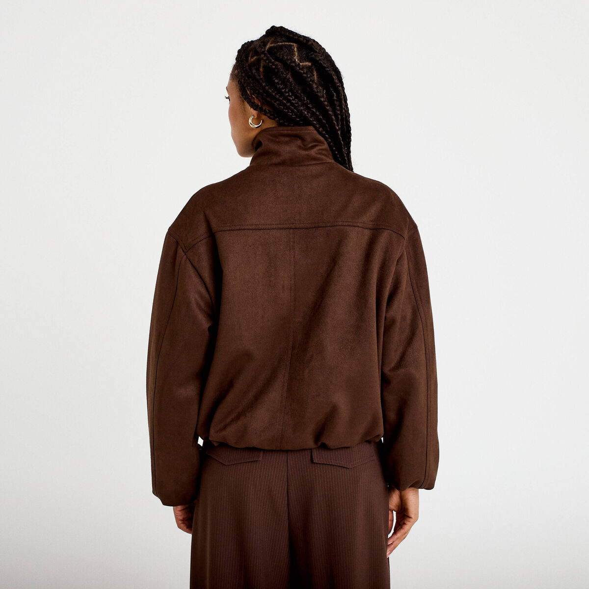 Veste effet boule col montant marron chocolat femme