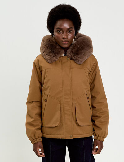 Parka col fausse fourrure amovible marron fonc&eacute; femme