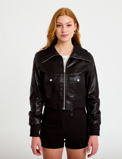 Bomber ajust&eacute; cropped similicuir noir femme