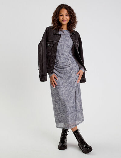 Robe longue ajustée fronces bleu gris femme