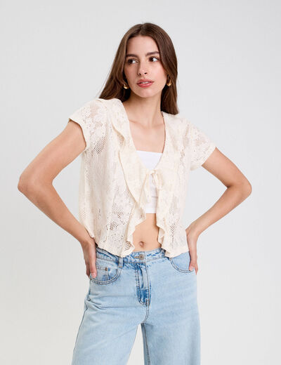 Blouse ajourée décolleté manches courtes ecru femme