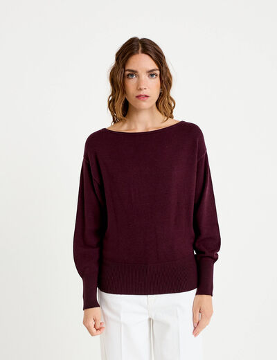 Pull oversize col bateau manches longues prune femme