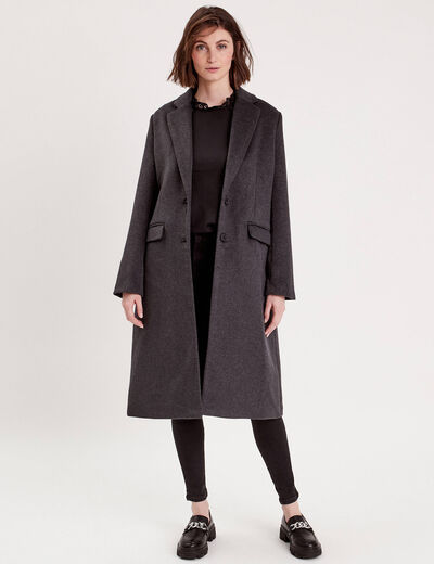 Manteau droit long boutonné gris foncé femme