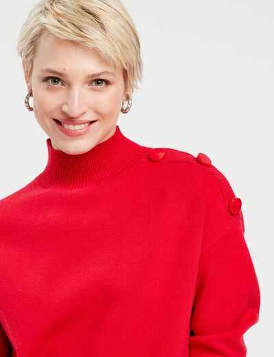 Pull col montant boutons rouge femme